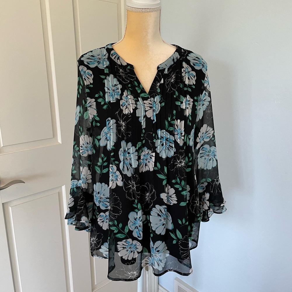 Adorable Sheer Overlay Long Sleeve Summer Blouse w/tucked pleats.